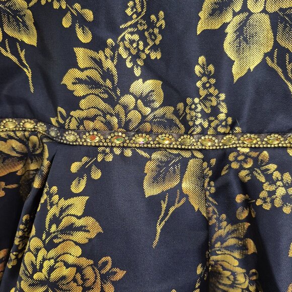 Navy & Gold Floral High-Low Dress With Beaded Waist & Cold Shoulder Straps - Picture 4 of 8